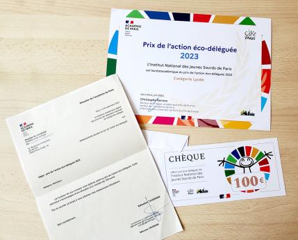 Prix de l'Action éco-déléguée 2022-2023, lettre de l'académie et chèque de 100€